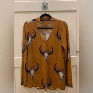 Moa Moa Women’s Yellow Long Sleeve Keyhole Choker Plunge V-Neck Cow Skull Med